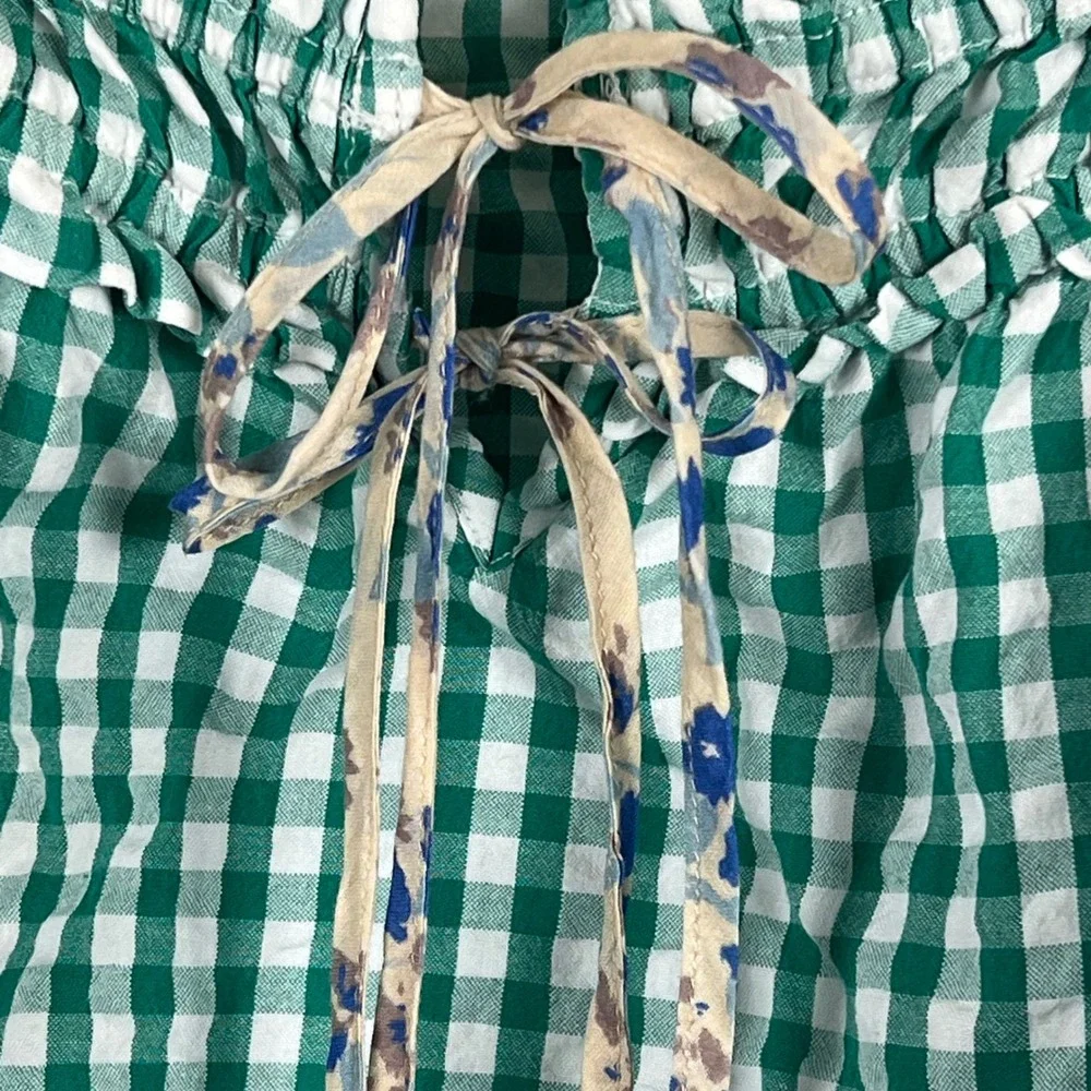 Free People Green Gingham Ruffle Tie Front Boho Cami Tank Top Womens Size Medium